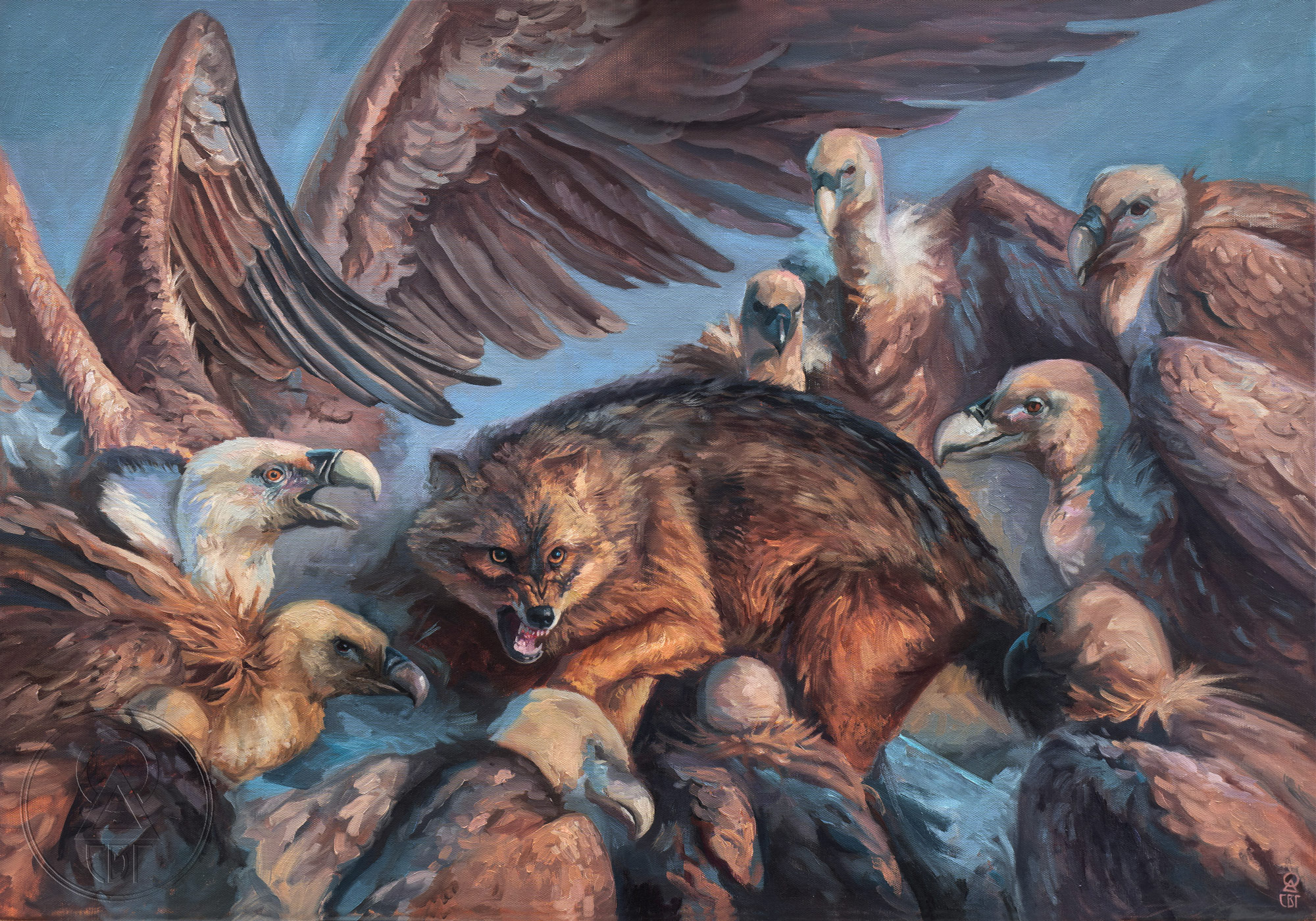 Oil painting, vultures and a golden jackal, rhodope mountains, wildlife art, animal art, маслена картина с лешоядиi, картини с животни, wildlife artist stanislava varbanova, ,  rhodopes wildlife art, european wildlife, animal art