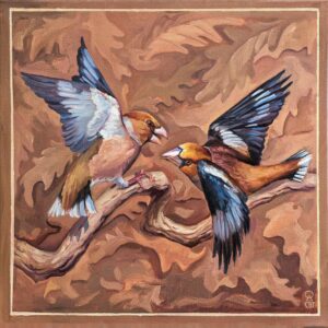 hawfinches oil painting, маслена картина с черешарки, картина с птици от станислава върбанова, бъклгарска природа, wildlife artist, bird art, oil painting by stanislava varbanova